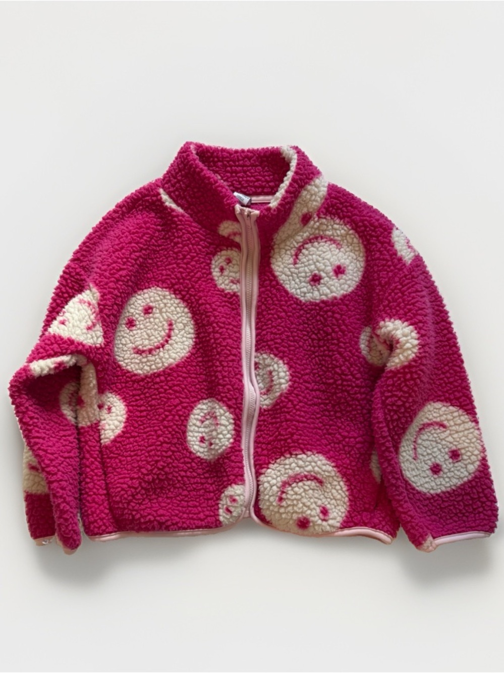 Old Navy Girls Pink Smiley Face Sherpa Fleece Zip Up Size S 6-7